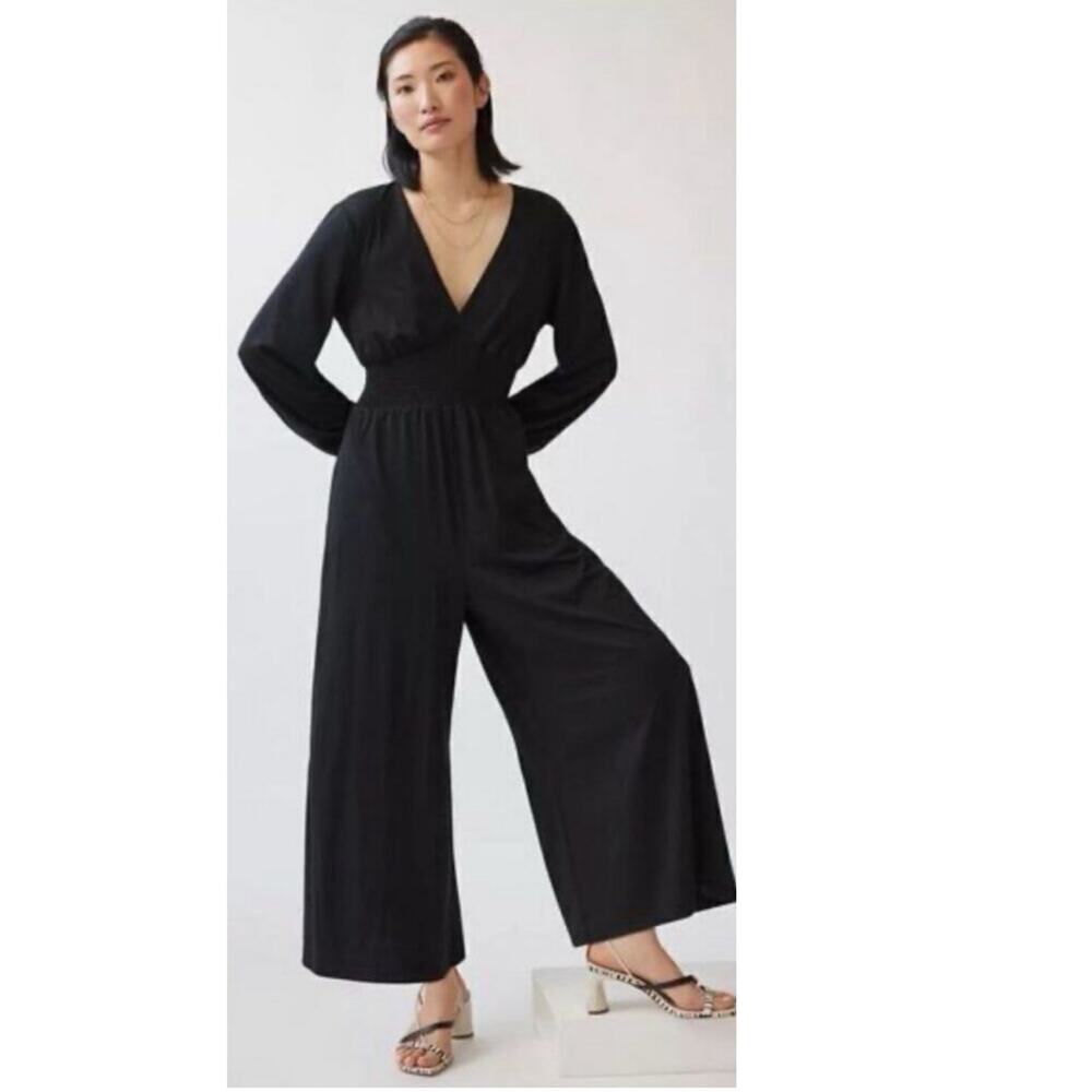 Anthro Hutch Black Long Sleeve Jumpsuit M Smocked Waist Wide Leg Dressy Outfit